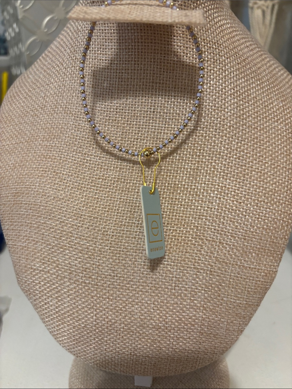 Gold & Lavender Beaded Bracelet with Pale Blue Tag Pendant PLEASE READ!! enewto